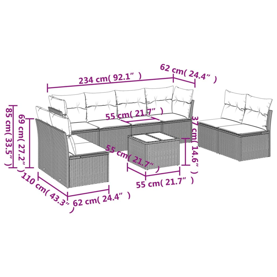 9-Delige Loungeset Met Kussens Poly Rattan Zwart