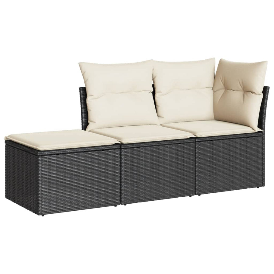 3-delige Loungeset met kussens poly rattan zwart Zwart en crème