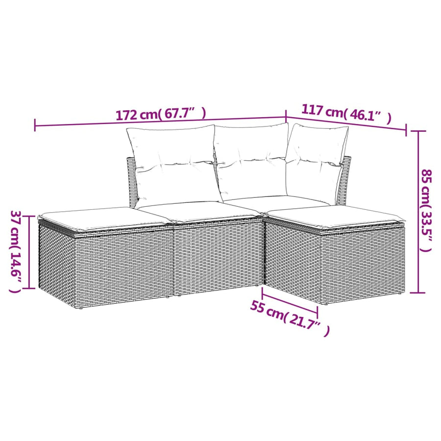 4-delige Loungeset met kussens poly rattan bruin