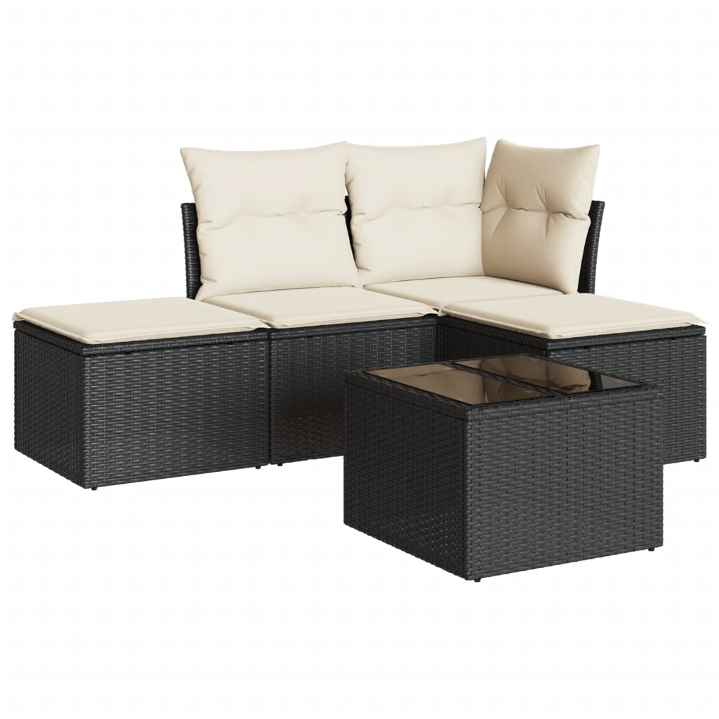 5-delige Loungeset met kussens poly rattan zwart 1 Zwart en crème