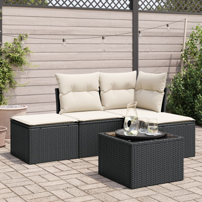 5-delige Loungeset met kussens poly rattan zwart 1 Zwart en crème