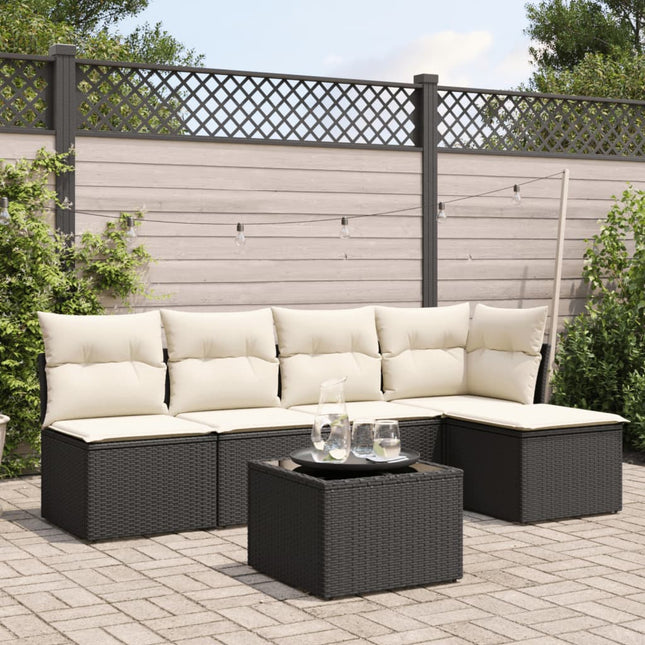 6-delige Loungeset met kussens poly rattan zwart 1 Zwart en crème