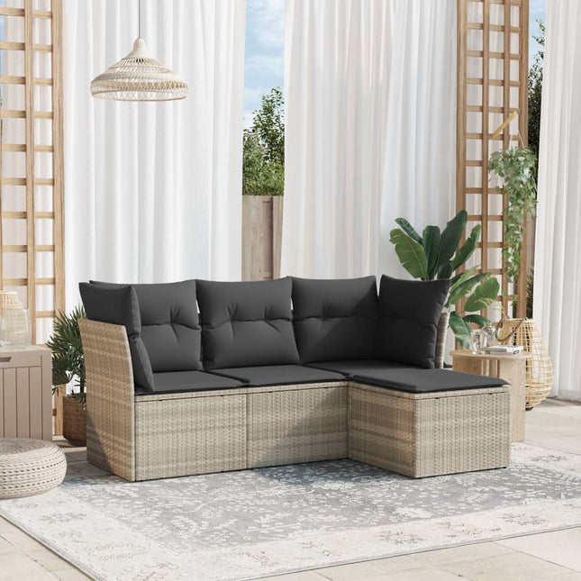 4-delige Loungeset met kussens poly rattan lichtgrijs