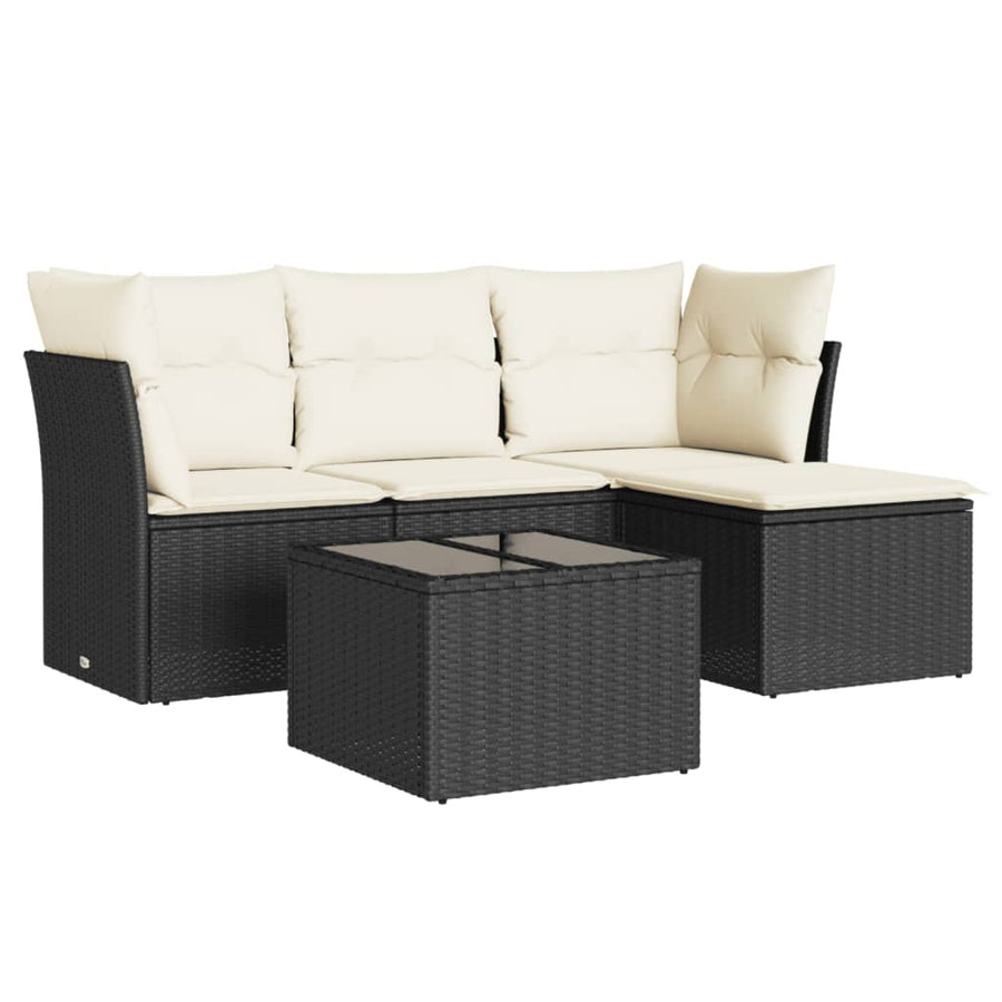 5-delige Loungeset met kussens poly rattan zwart 1 Zwart en crème