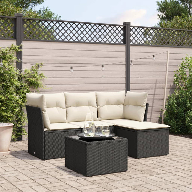 5-delige Loungeset met kussens poly rattan zwart 1 Zwart en crème