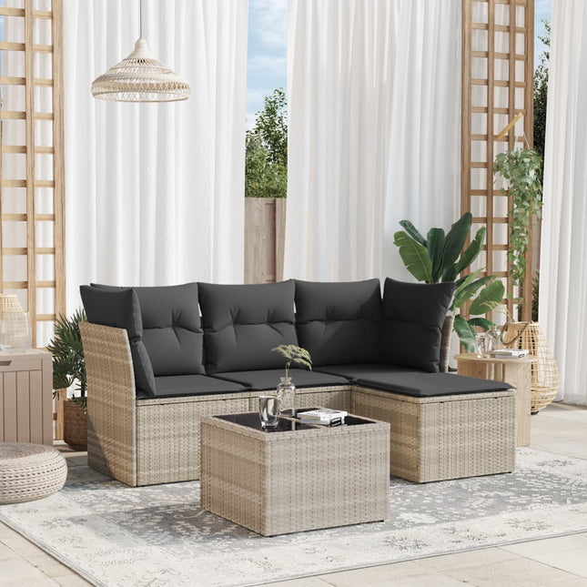 5-delige Loungeset met kussens poly rattan lichtgrijs