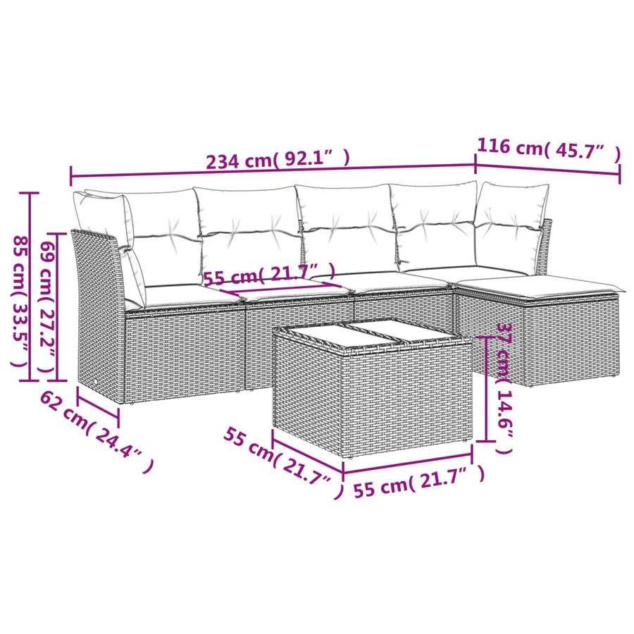 6-Delige Loungeset Met Kussens Poly Rattan Grijs