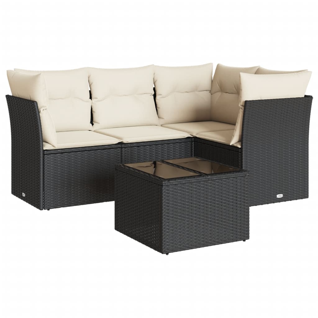 5-delige Loungeset met kussens poly rattan zwart Zwart en crème Met tafel