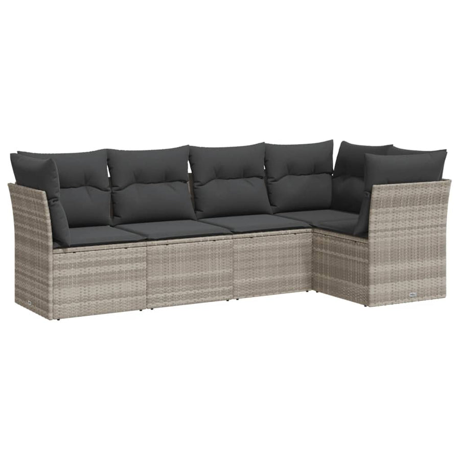 5-delige Loungeset met kussens poly rattan lichtgrijs