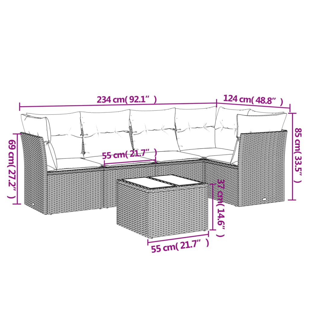 6-Delige Loungeset Met Kussens Poly Rattan Beige