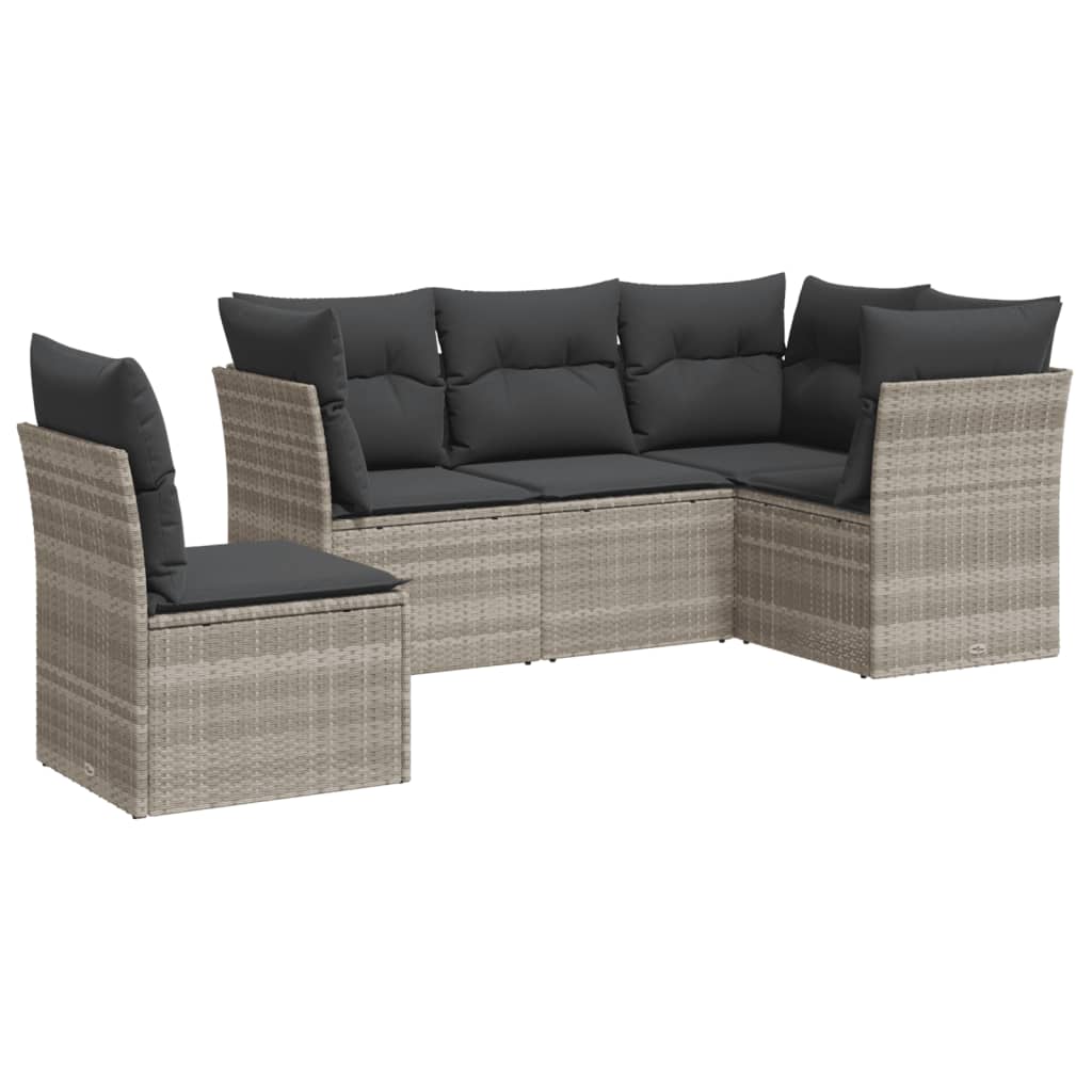5-delige Loungeset met kussens poly rattan lichtgrijs