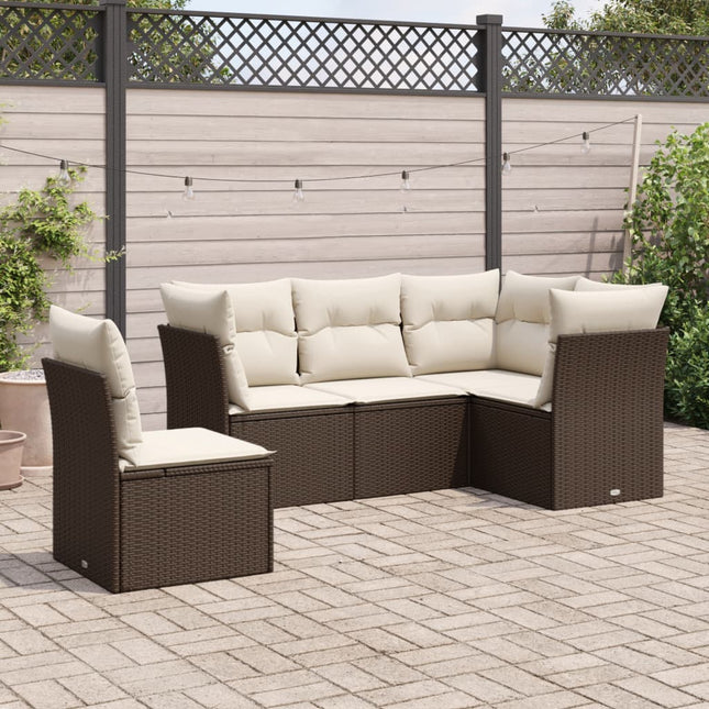 5-delige Loungeset met kussens poly rattan bruin 1 Bruin en crème