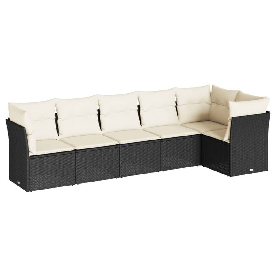 6-delige Loungeset met kussens poly rattan zwart 1 Zwart en crème