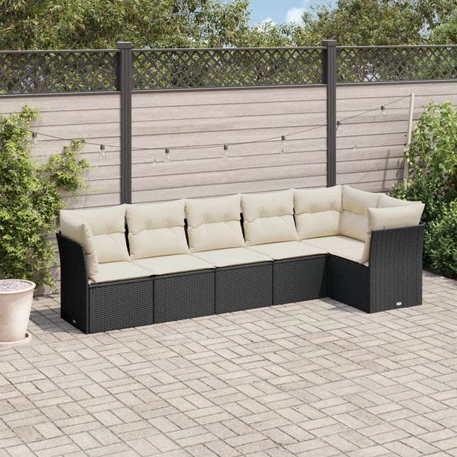 6-delige Loungeset met kussens poly rattan zwart 1 Zwart en crème