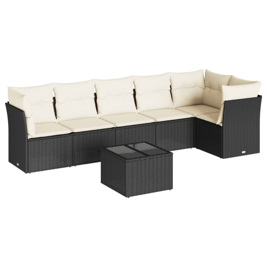 7-delige Loungeset met kussens poly rattan zwart 1 Zwart en crème