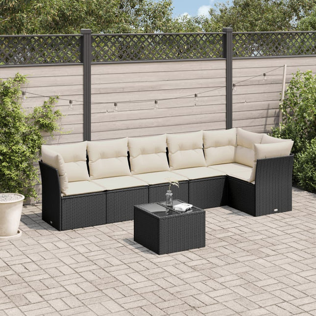 7-delige Loungeset met kussens poly rattan zwart 1 Zwart en crème