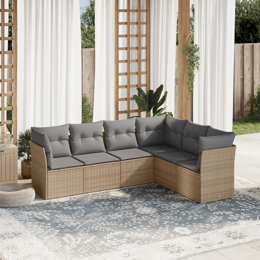 6-delige Loungeset met kussens poly rattan beige