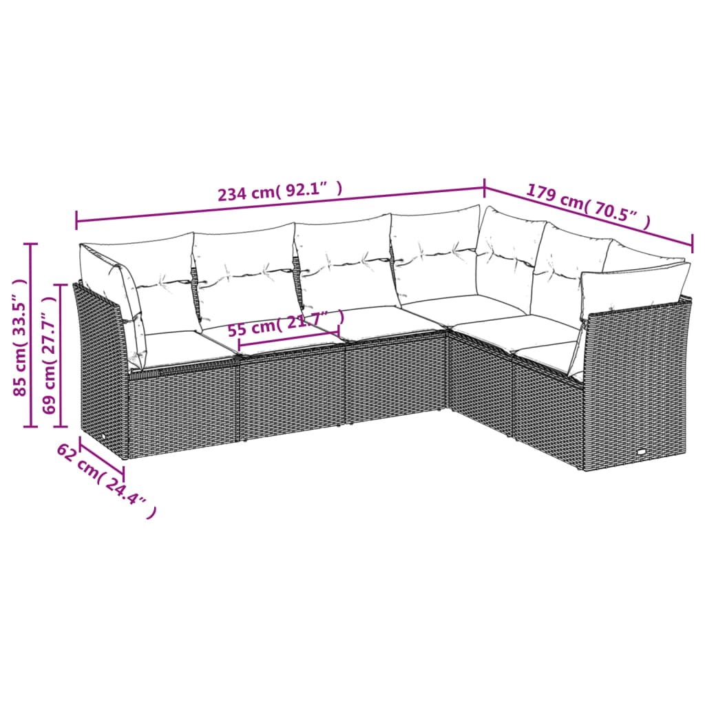 6-delige Loungeset met kussens poly rattan grijs