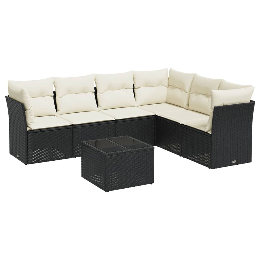 7-delige Loungeset met kussens poly rattan zwart 1 Zwart en crème