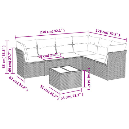 7-delige Loungeset met kussens poly rattan zwart 1 Zwart en crème