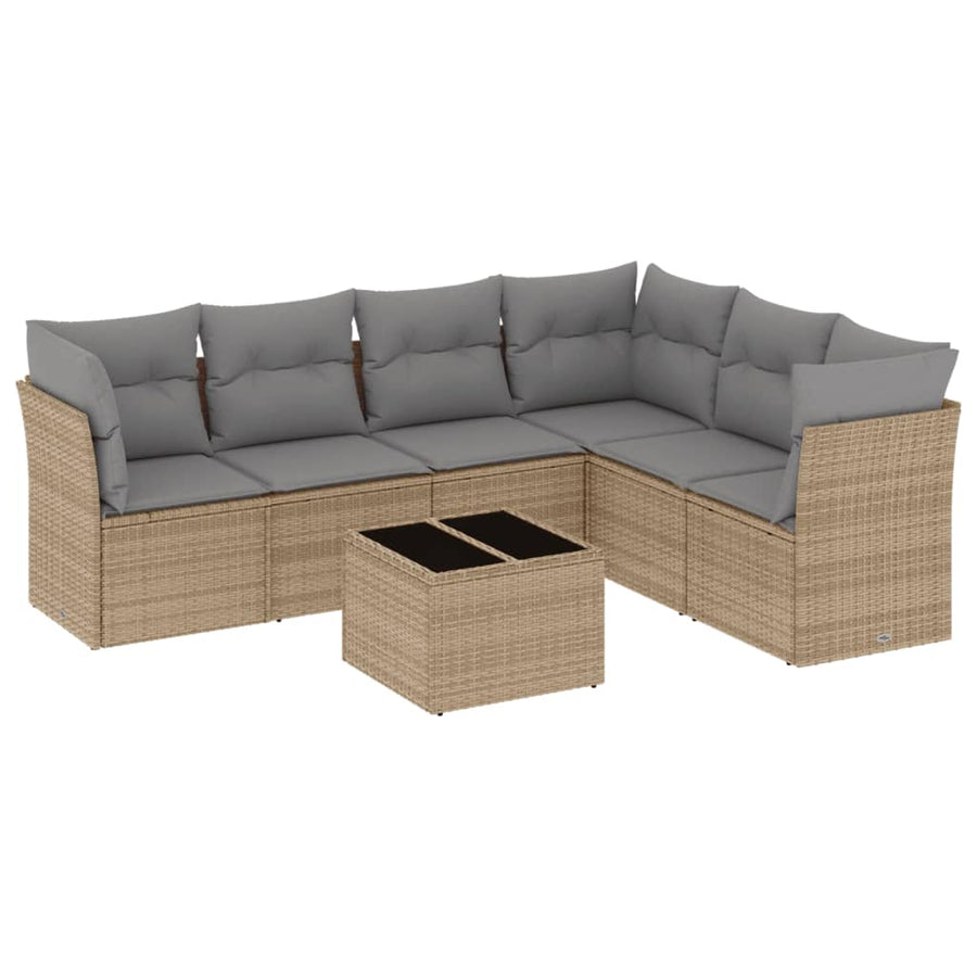 7-delige Loungeset met kussens poly rattan beige