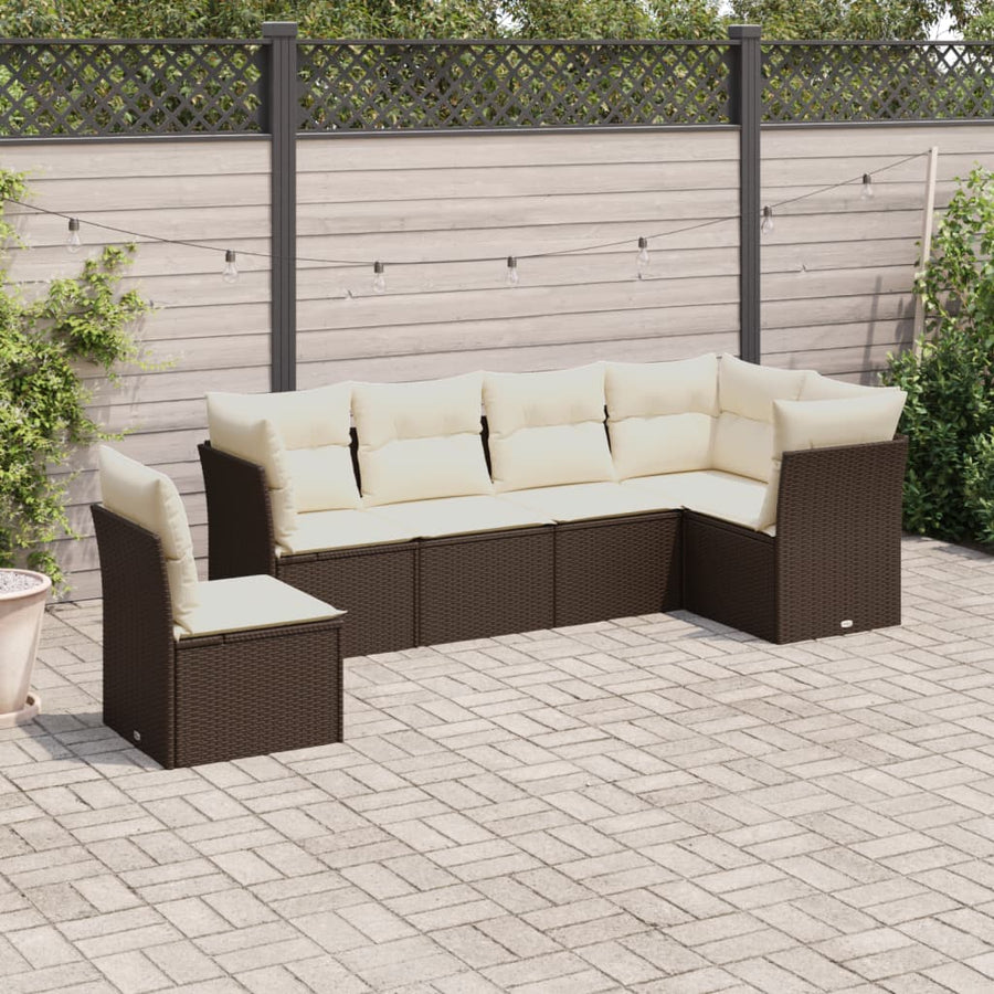 6-delige Loungeset met kussens poly rattan bruin Bruin en crème Zonder tafel