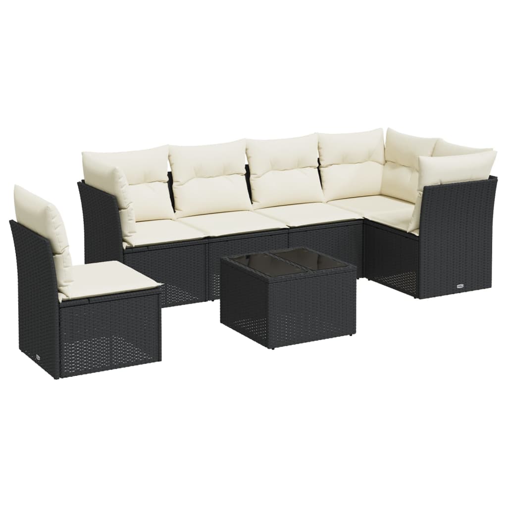 7-delige Loungeset met kussens poly rattan zwart 1 Zwart en crème