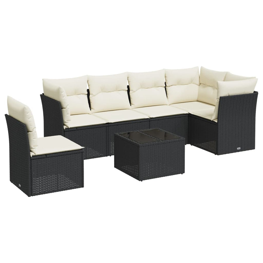 7-delige Loungeset met kussens poly rattan zwart 1 Zwart en crème
