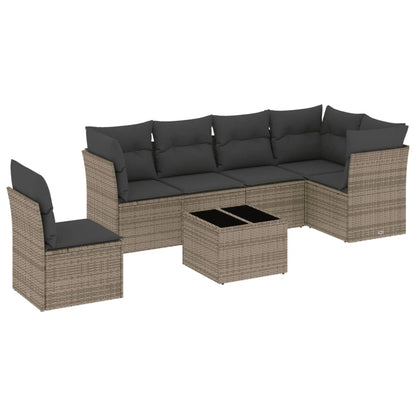 7-delige Loungeset met kussens poly rattan grijs