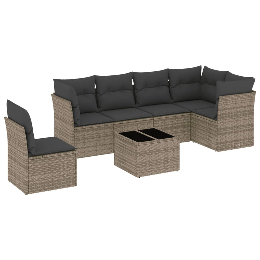 7-delige Loungeset met kussens poly rattan grijs