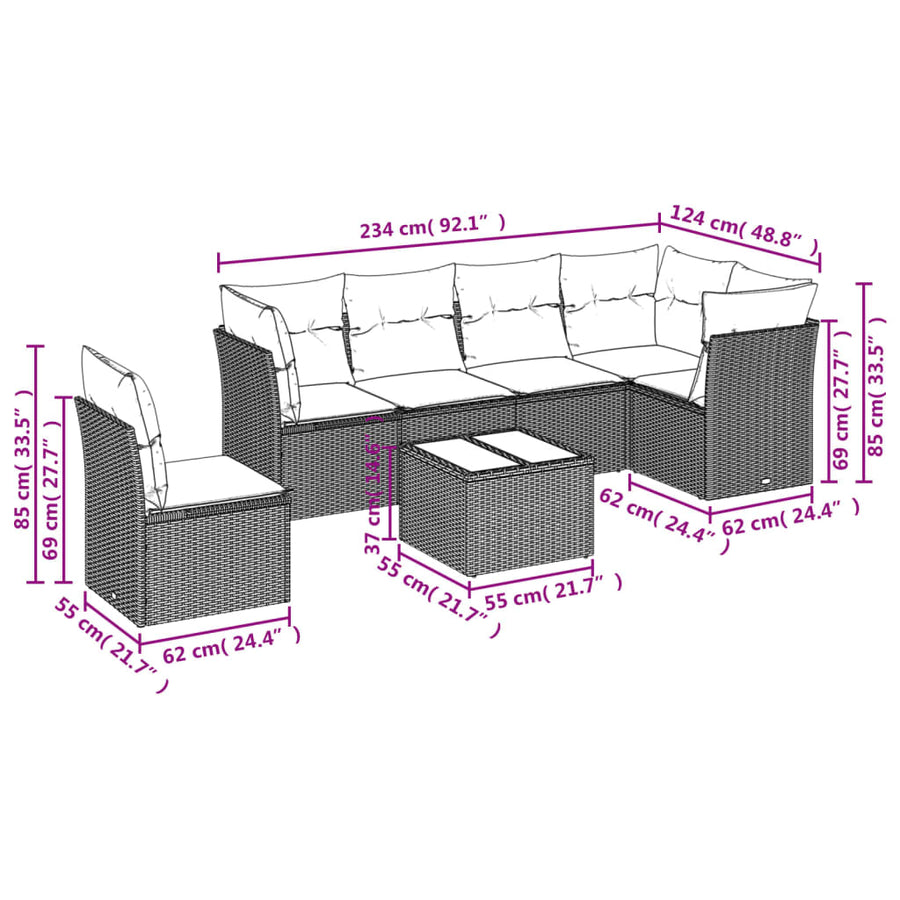 7-delige Loungeset met kussens poly rattan grijs