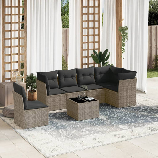 7-delige Loungeset met kussens poly rattan grijs