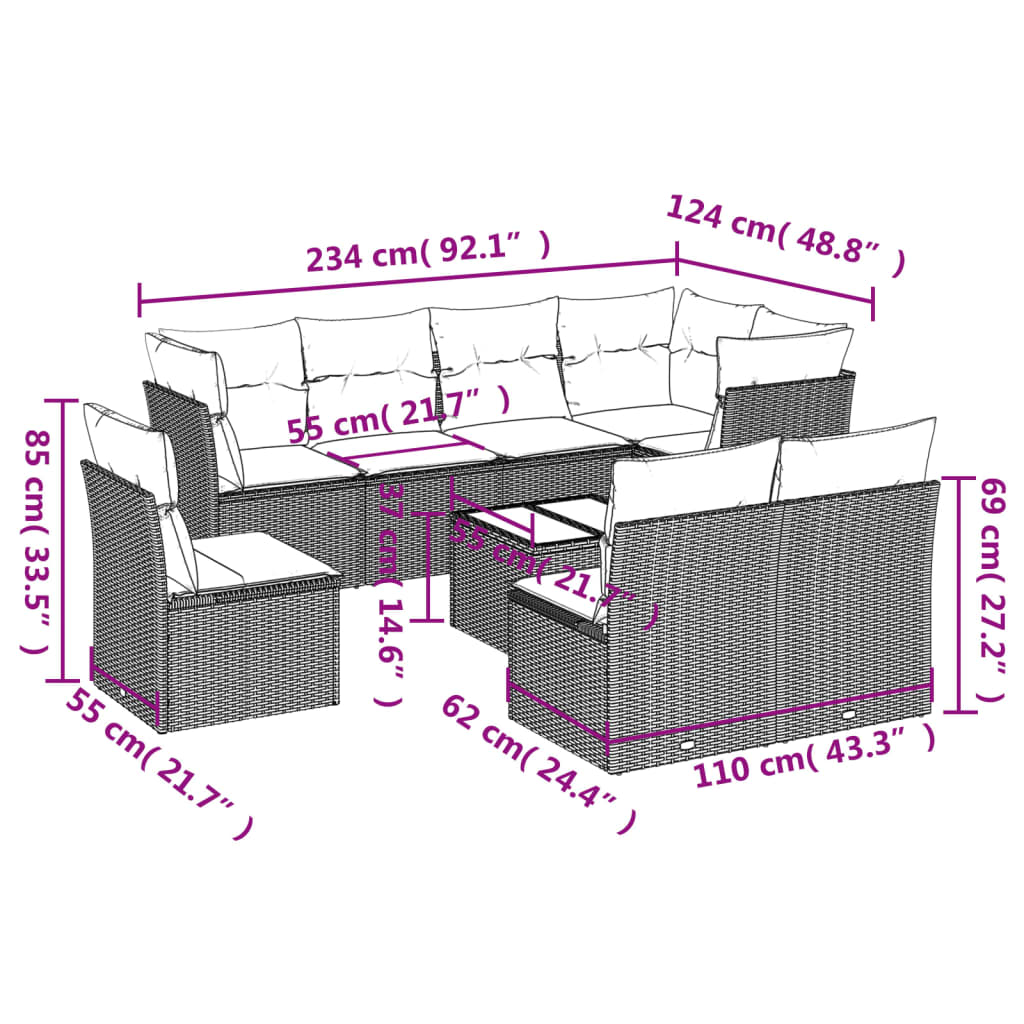 9-Delige Loungeset Met Kussens Poly Rattan Zwart