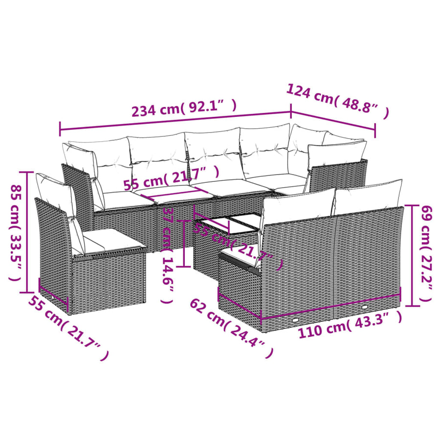 9-Delige Loungeset Met Kussens Poly Rattan Zwart