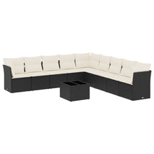 10-delige Loungeset met kussens poly rattan zwart Zwart en crème Met tafel