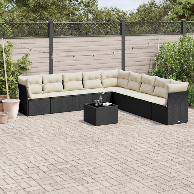 10-delige Loungeset met kussens poly rattan zwart Zwart en crème Met tafel