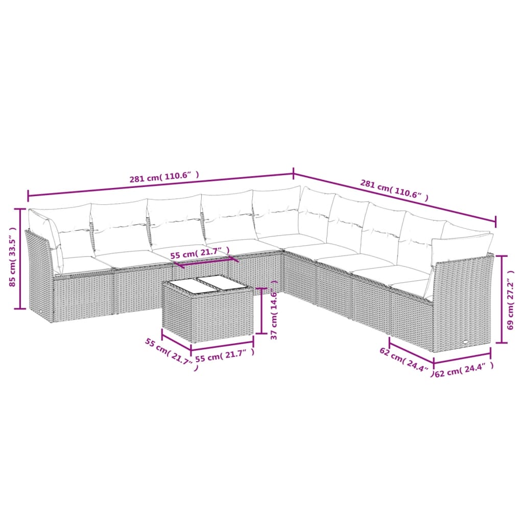 10-Delige Loungeset Met Kussens Poly Rattan Grijs