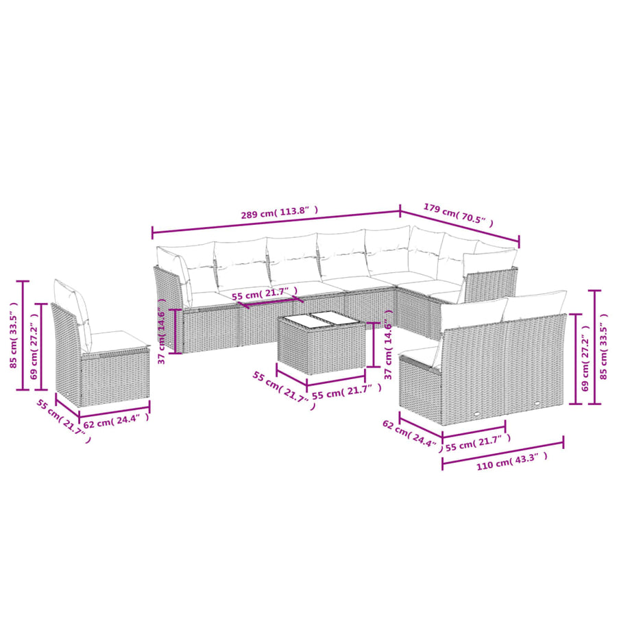 11-Delige Loungeset Met Kussens Poly Rattan Grijs