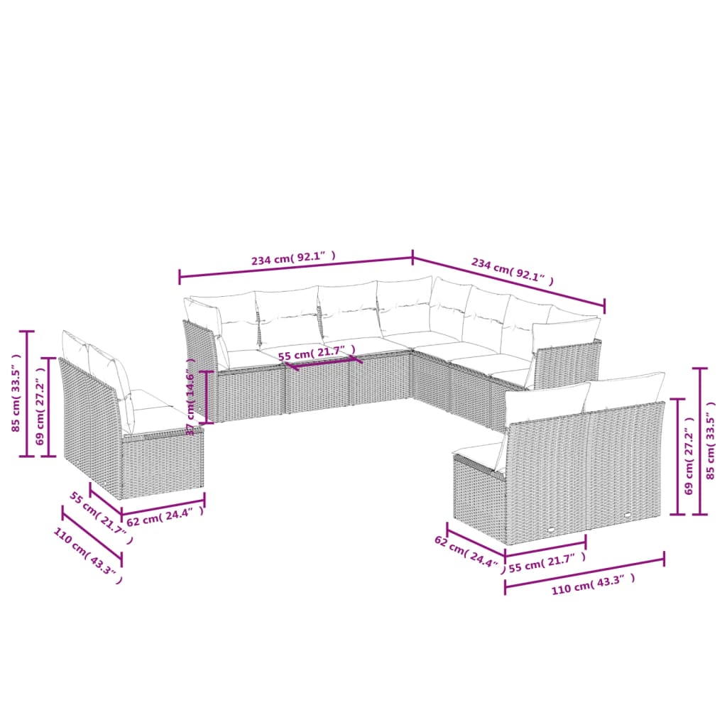 11-Delige Loungeset Met Kussens Poly Rattan Zwart