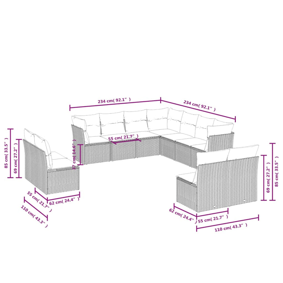 11-Delige Loungeset Met Kussens Poly Rattan Zwart
