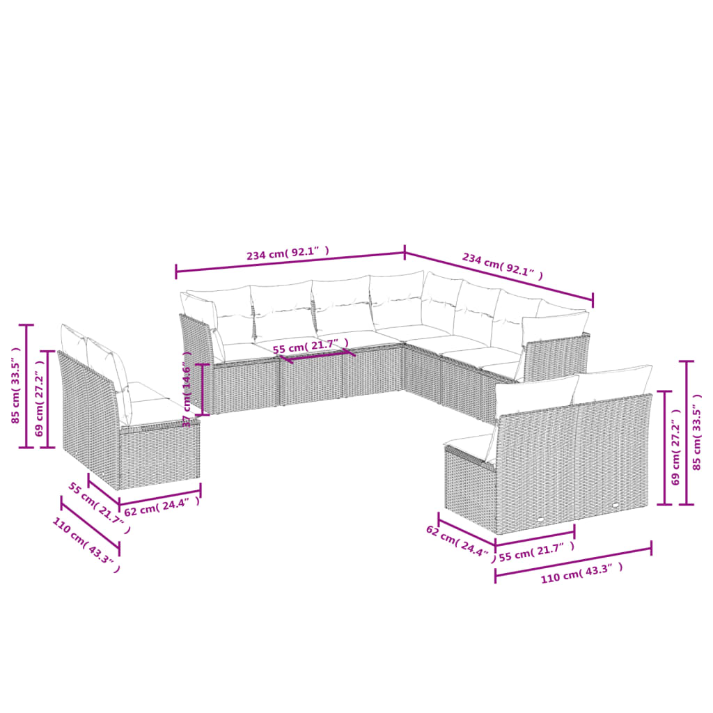 11-Delige Loungeset Met Kussens Poly Rattan Grijs