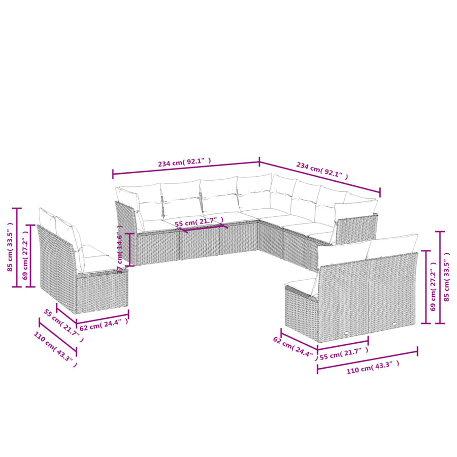 11-Delige Loungeset Met Kussens Poly Rattan Grijs
