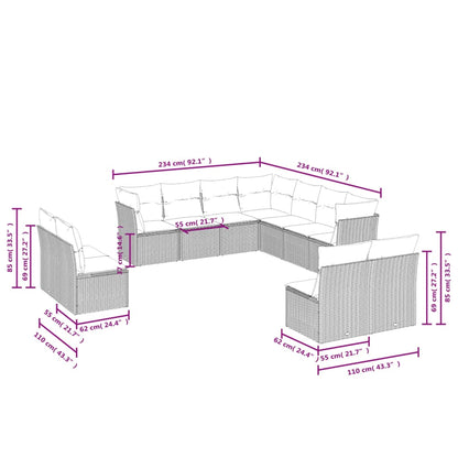 11-delige Loungeset met kussens poly rattan lichtgrijs
