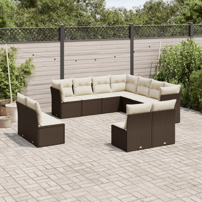 11-delige Loungeset met kussens poly rattan bruin Bruin en crème