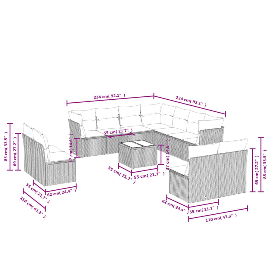 12-Delige Loungeset Met Kussens Poly Rattan Zwart