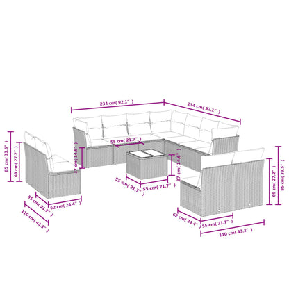 12-delige Loungeset met kussens poly rattan lichtgrijs