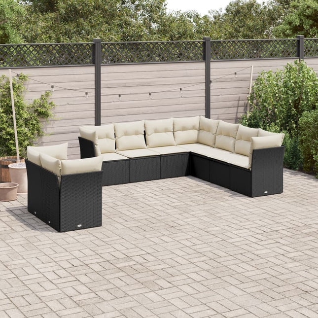 9-delige Loungeset met kussens poly rattan zwart 1 Zwart en crème