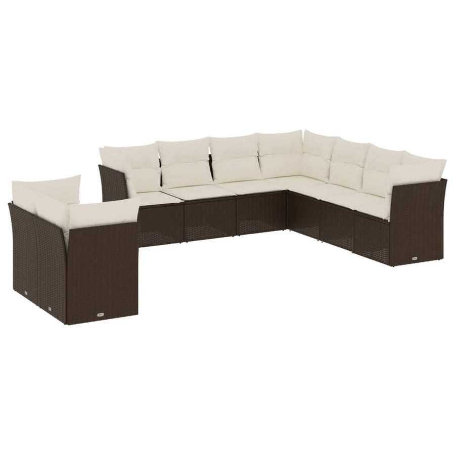 9-delige Loungeset met kussens poly rattan bruin 1 Bruin en crème