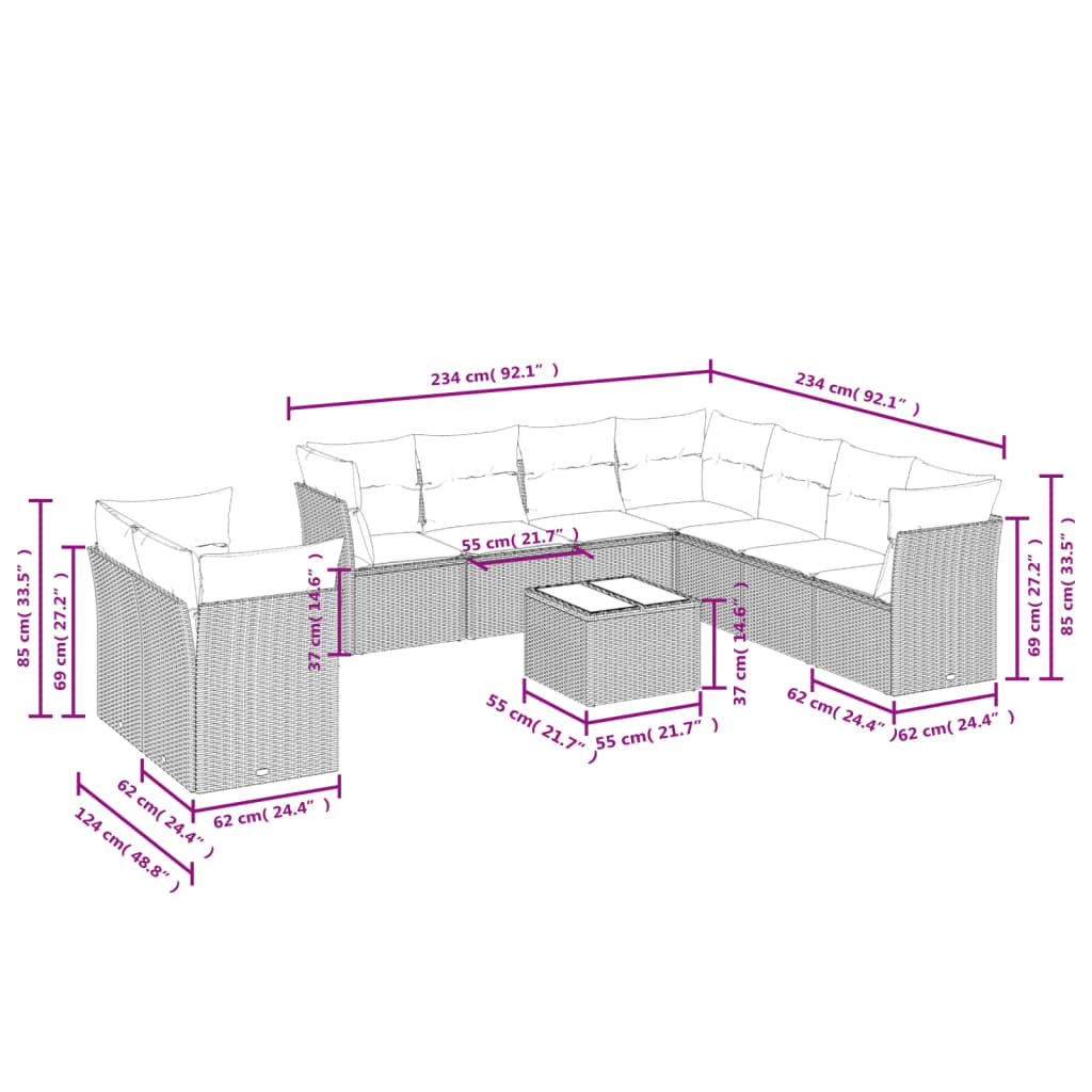 10-Delige Loungeset Met Kussens Poly Rattan Beige