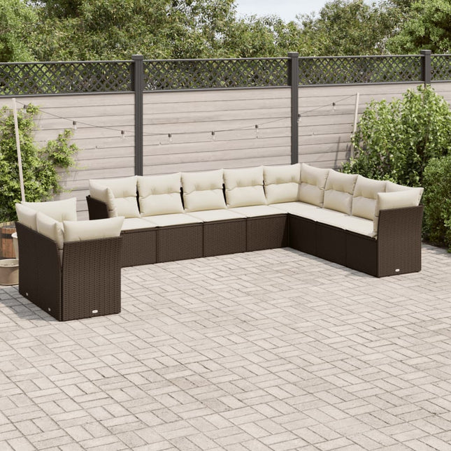 10-delige Loungeset met kussens poly rattan bruin Bruin en crème Zonder tafel